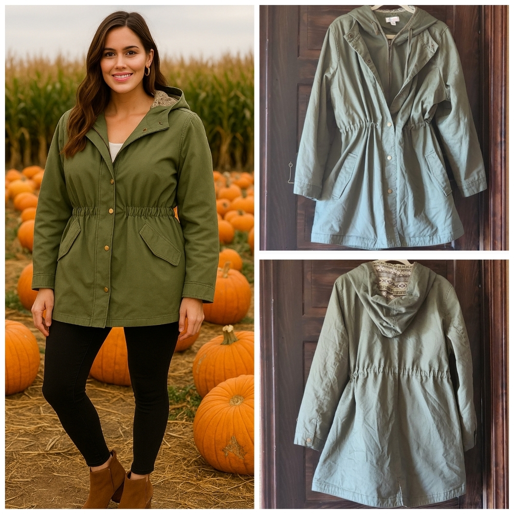 Olive Green Utility Jacket with Hood Snaps & Zipper POCKETS Size XL - Picture 13 of 16